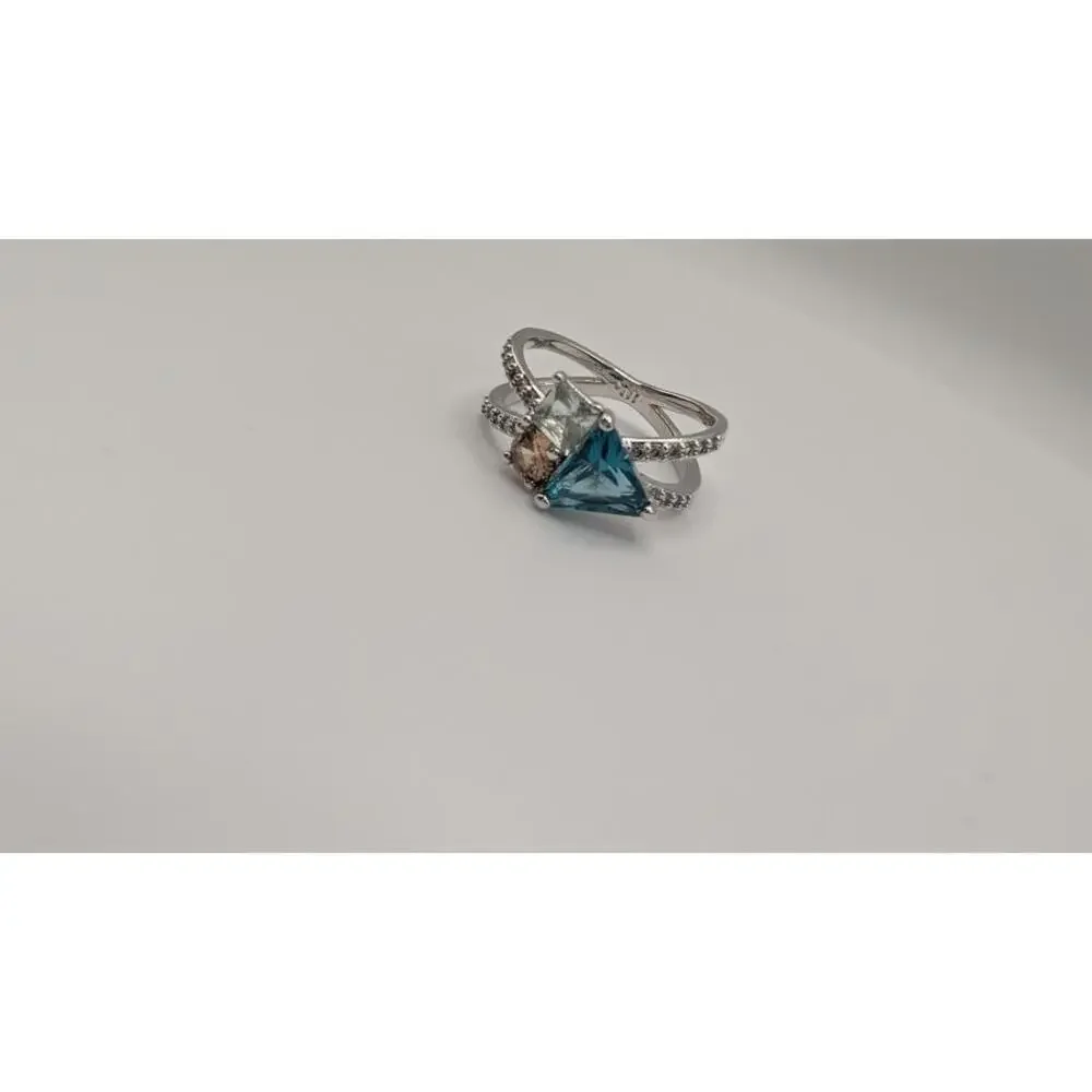Elegant Silver Ring with Blue and Clear Gemstones Size 6